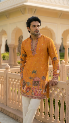 Mustard Orange Heritage Embroidered Kurta