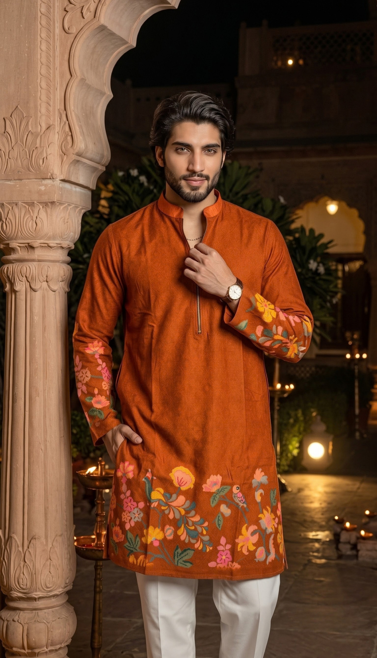 Rust Orange Floral Kurta