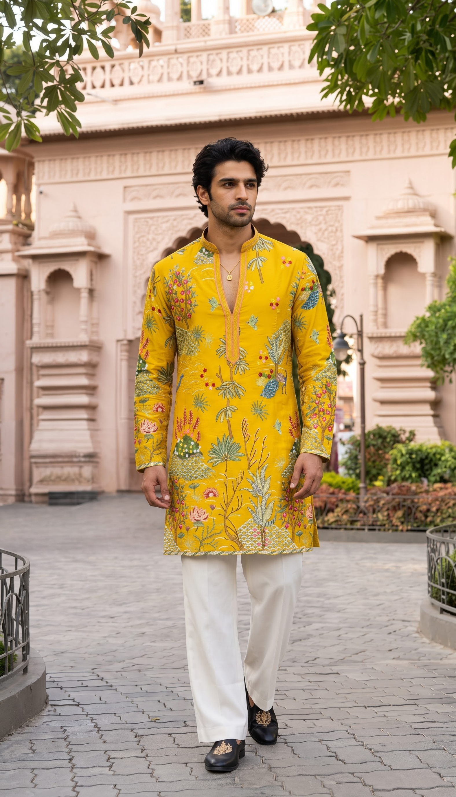 Mustard Multicolour Floral Embroidered Kurta