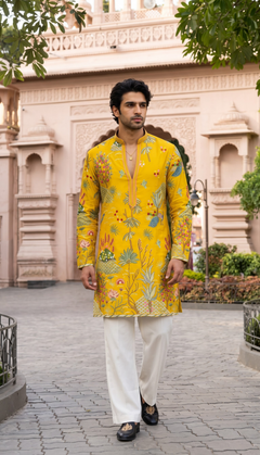 Mustard Multicolour Floral Embroidered Kurta