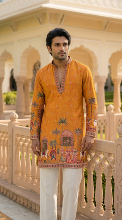 Mustard Orange Heritage Embroidered Kurta