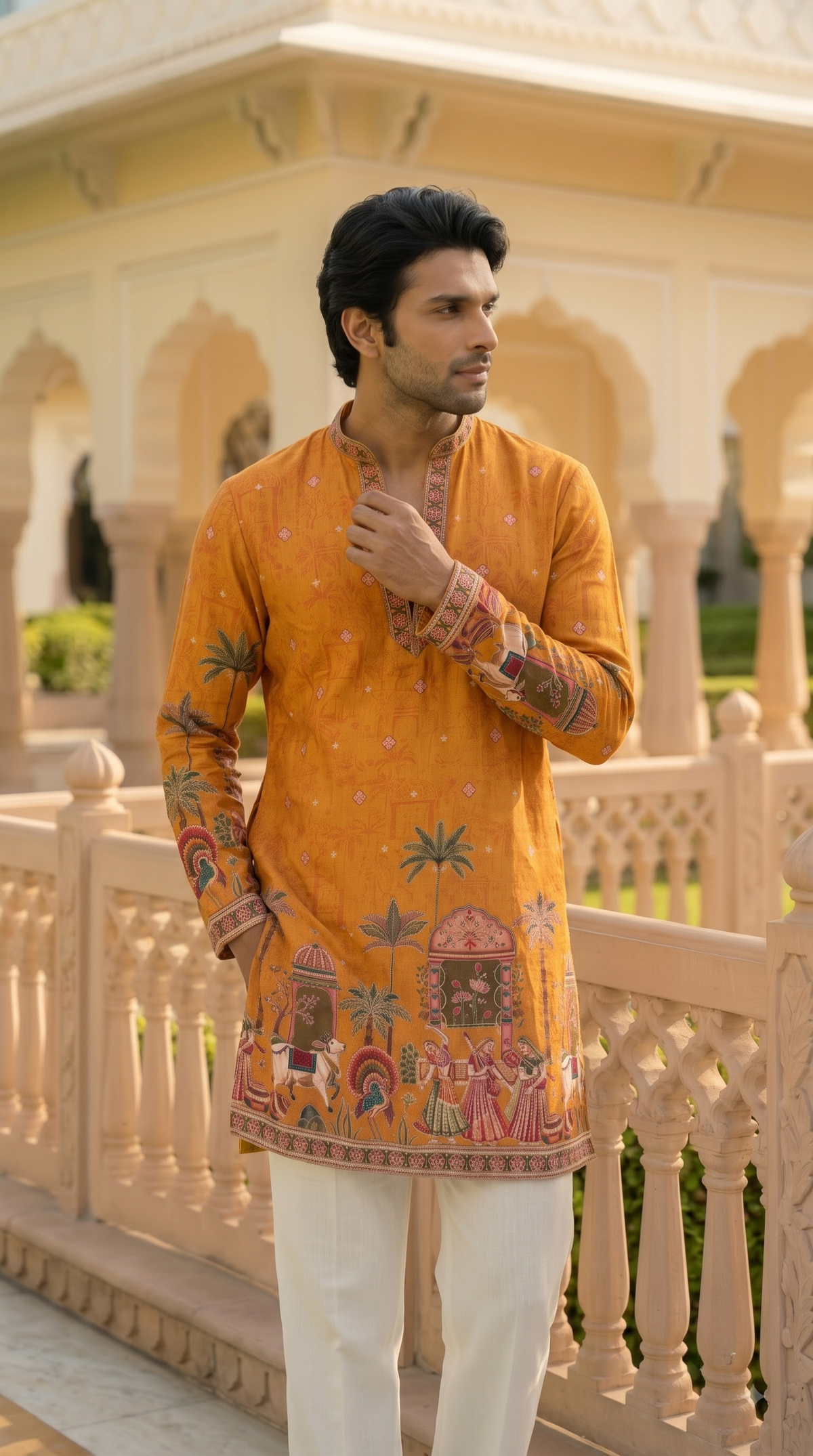 Mustard Orange Heritage Embroidered Kurta