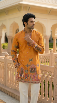 Mustard Orange Heritage Embroidered Kurta