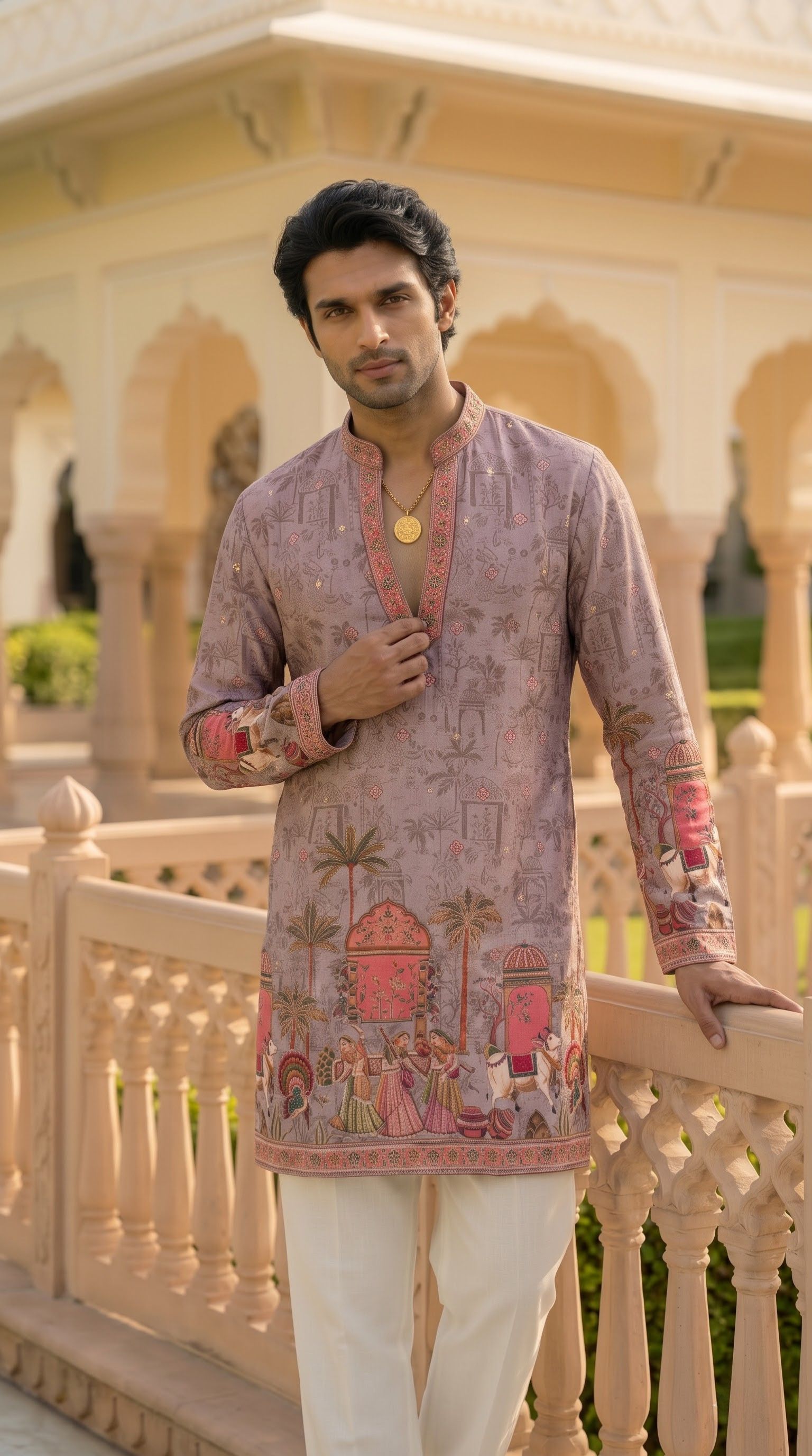 Mauve Printed Embroidered Kurta