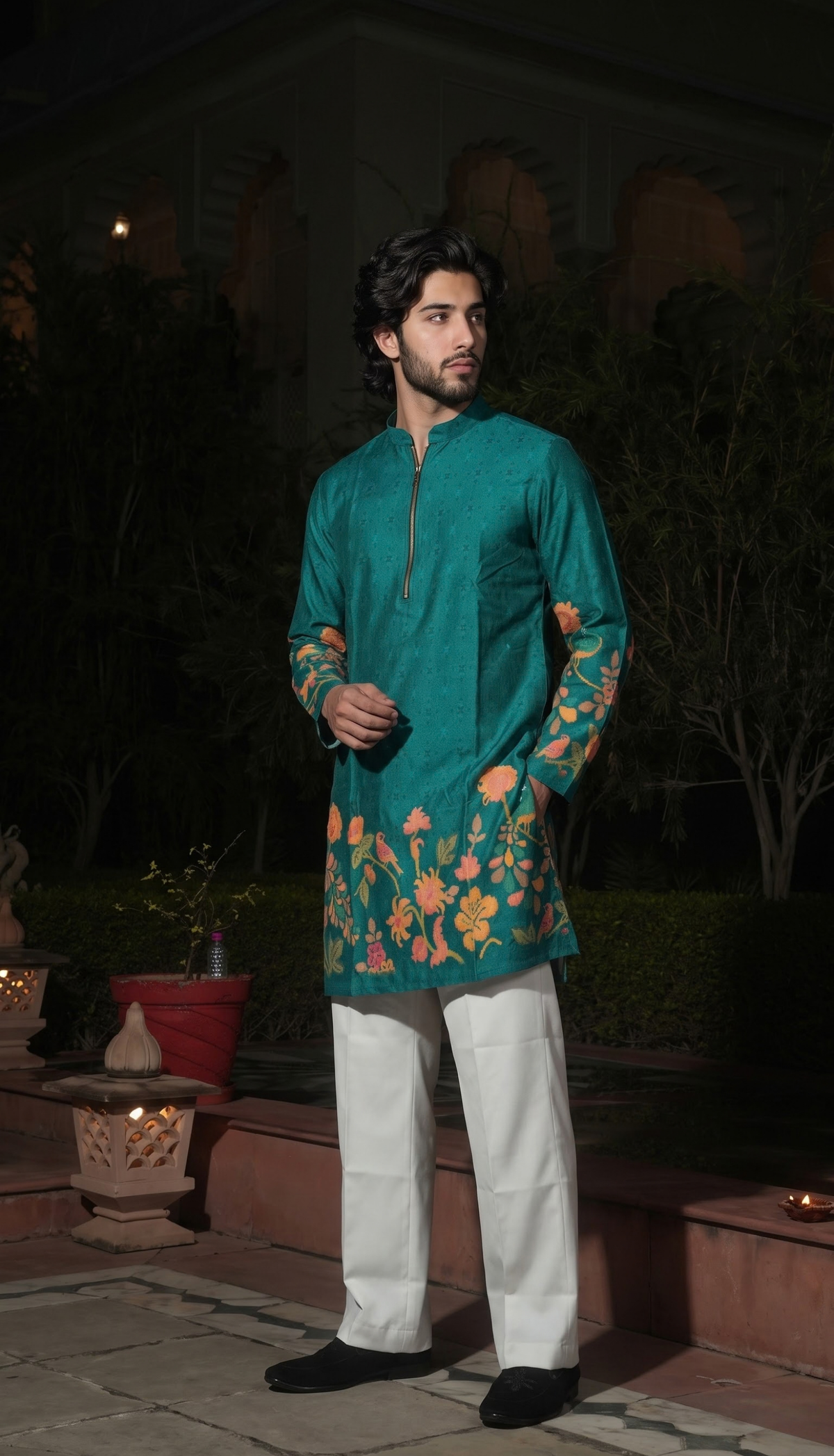 Teal Floral Border Kurta