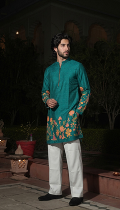 Teal Floral Border Kurta