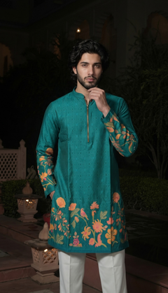 Teal Floral Border Kurta