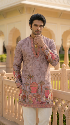 Mauve Printed Embroidered Kurta