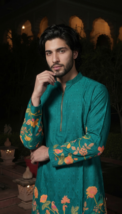 Teal Floral Border Kurta