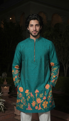 Teal Floral Border Kurta