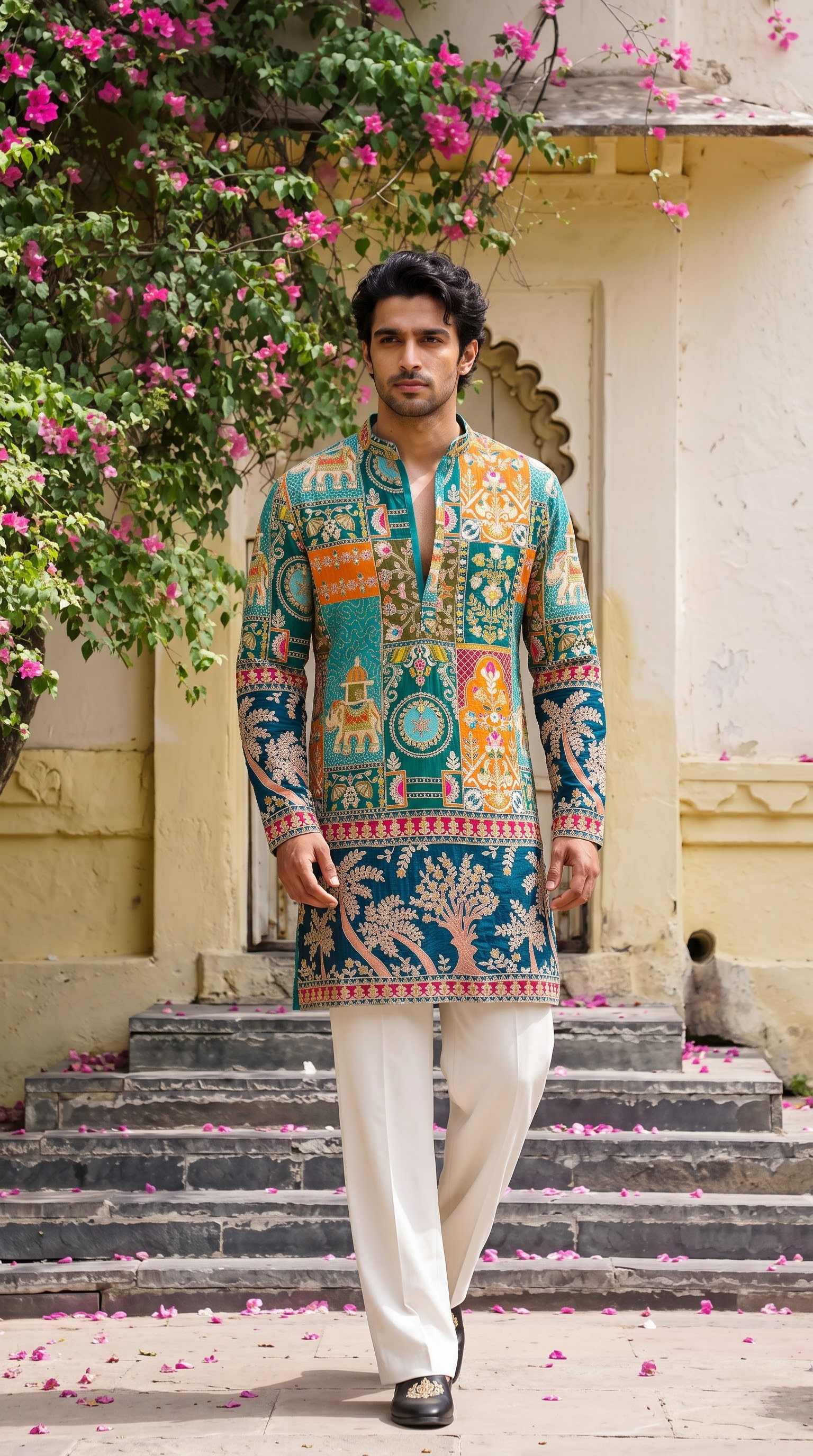 Teal Blue Printed Embroidered Kurta
