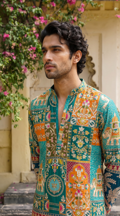 Teal Blue Printed Embroidered Kurta