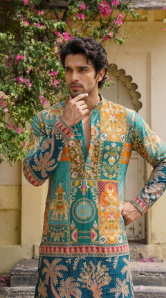 Teal Blue Printed Embroidered Kurta