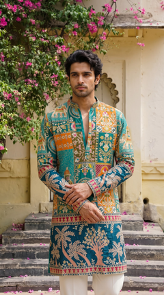 Teal Blue Printed Embroidered Kurta