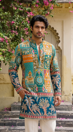 Teal Blue Printed Embroidered Kurta