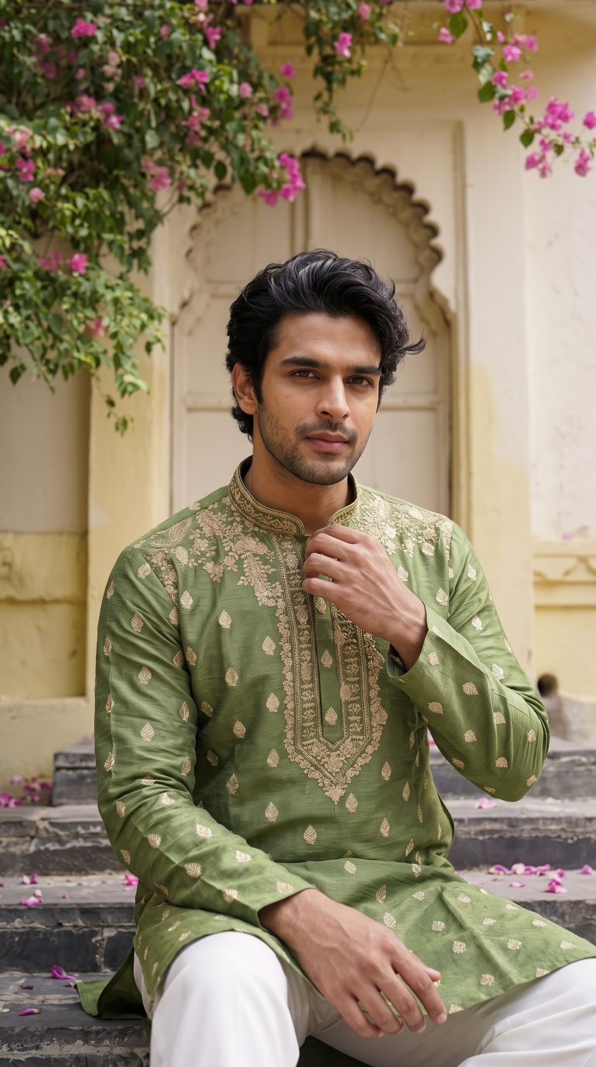 Olive Green Embroidered Kurta