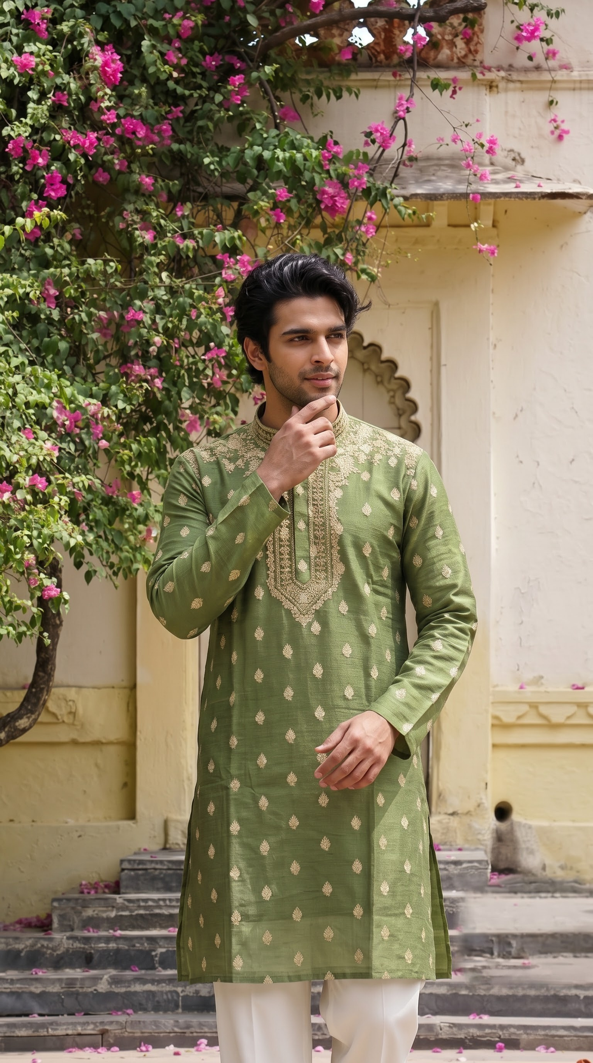 Olive Green Embroidered Kurta