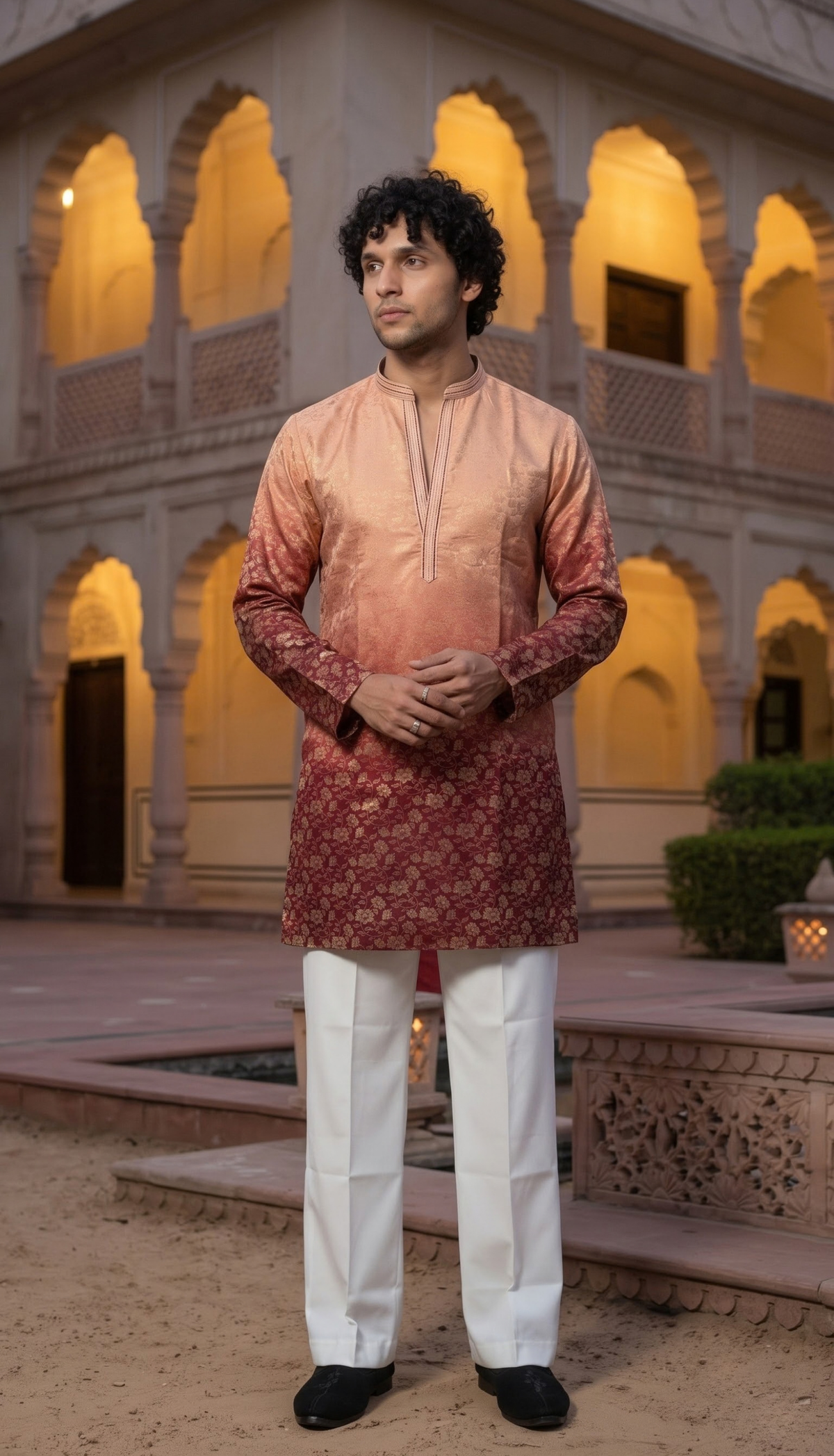 Peach & Burgundy Jacquard Kurta