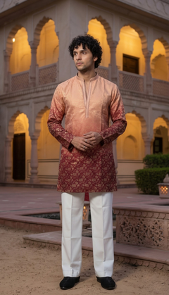Peach & Burgundy Jacquard Kurta