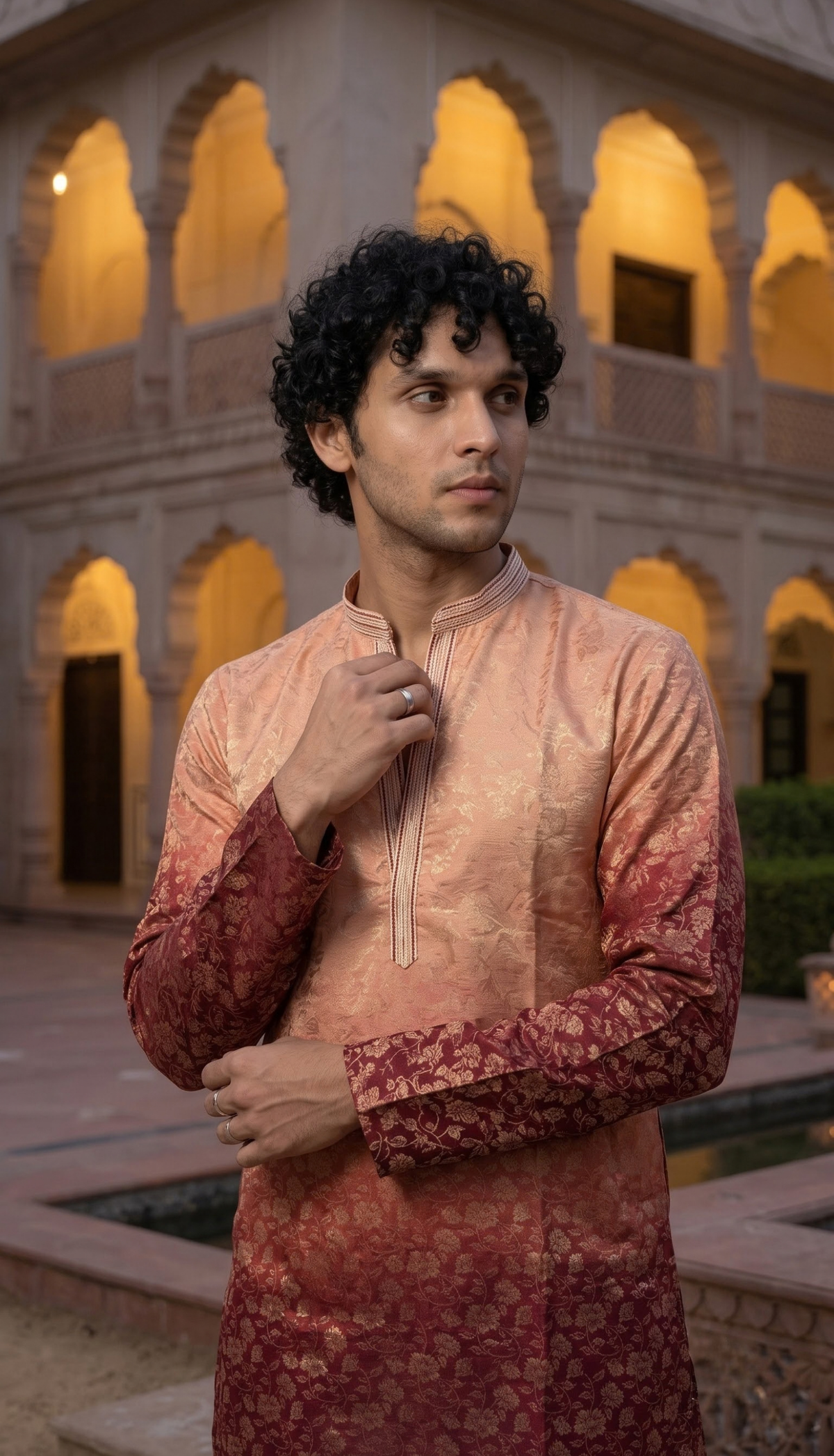 Peach & Burgundy Jacquard Kurta