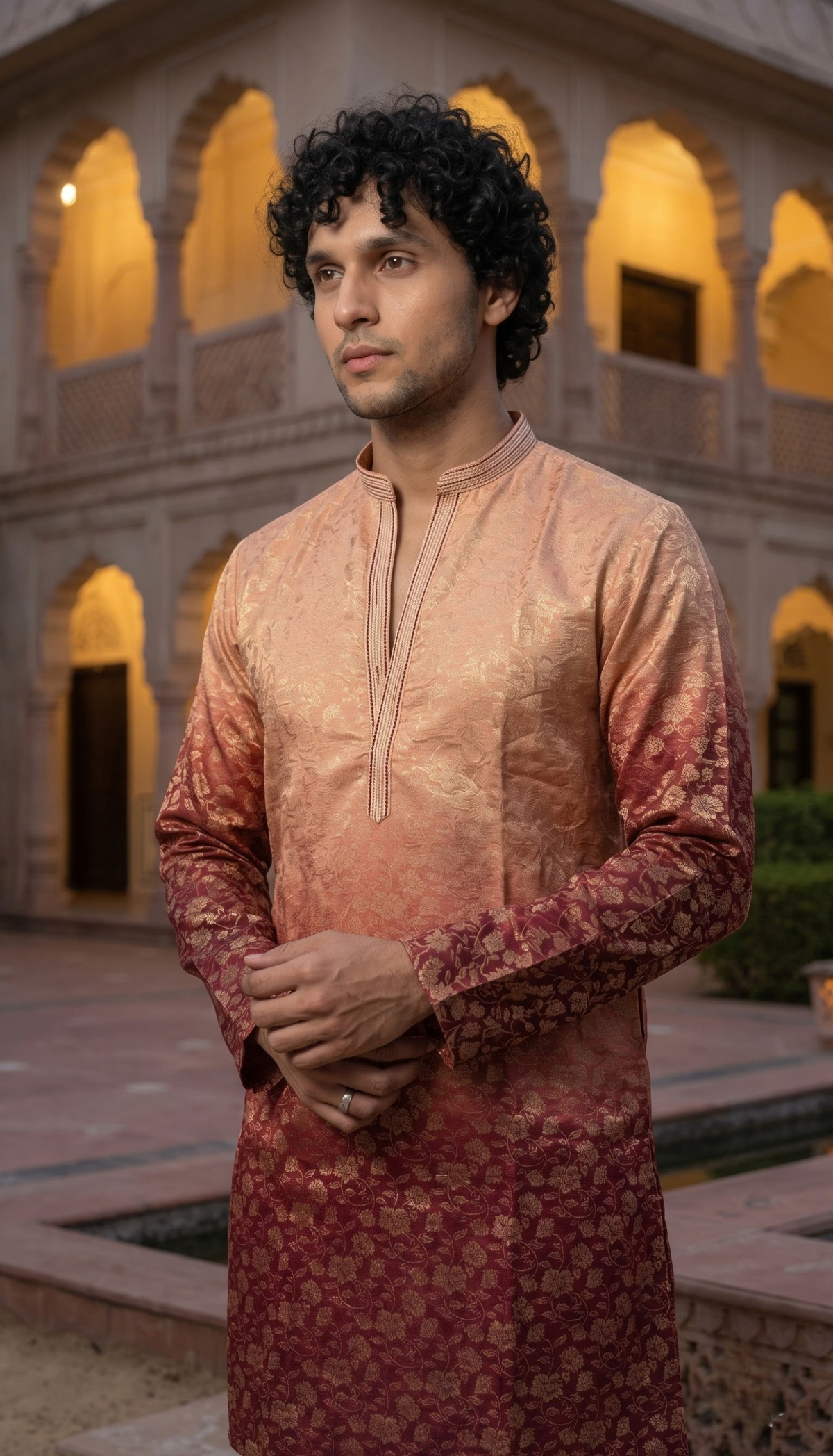 Peach & Burgundy Jacquard Kurta