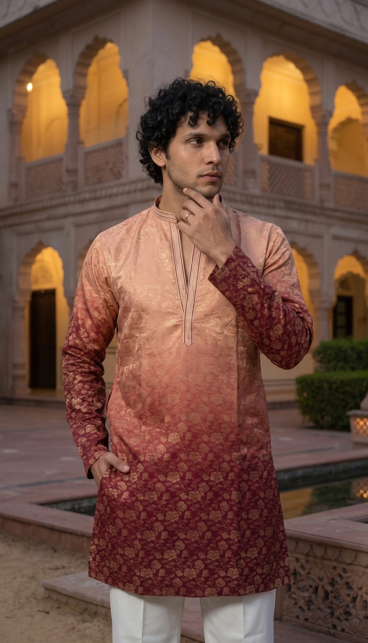 Peach & Burgundy Jacquard Kurta