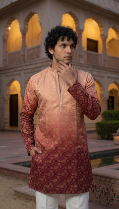 Peach & Burgundy Jacquard Kurta