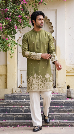 Olive Green Embroidered Kurta
