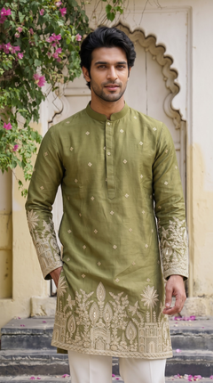 Olive Green Embroidered Kurta