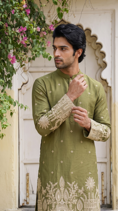 Olive Green Embroidered Kurta