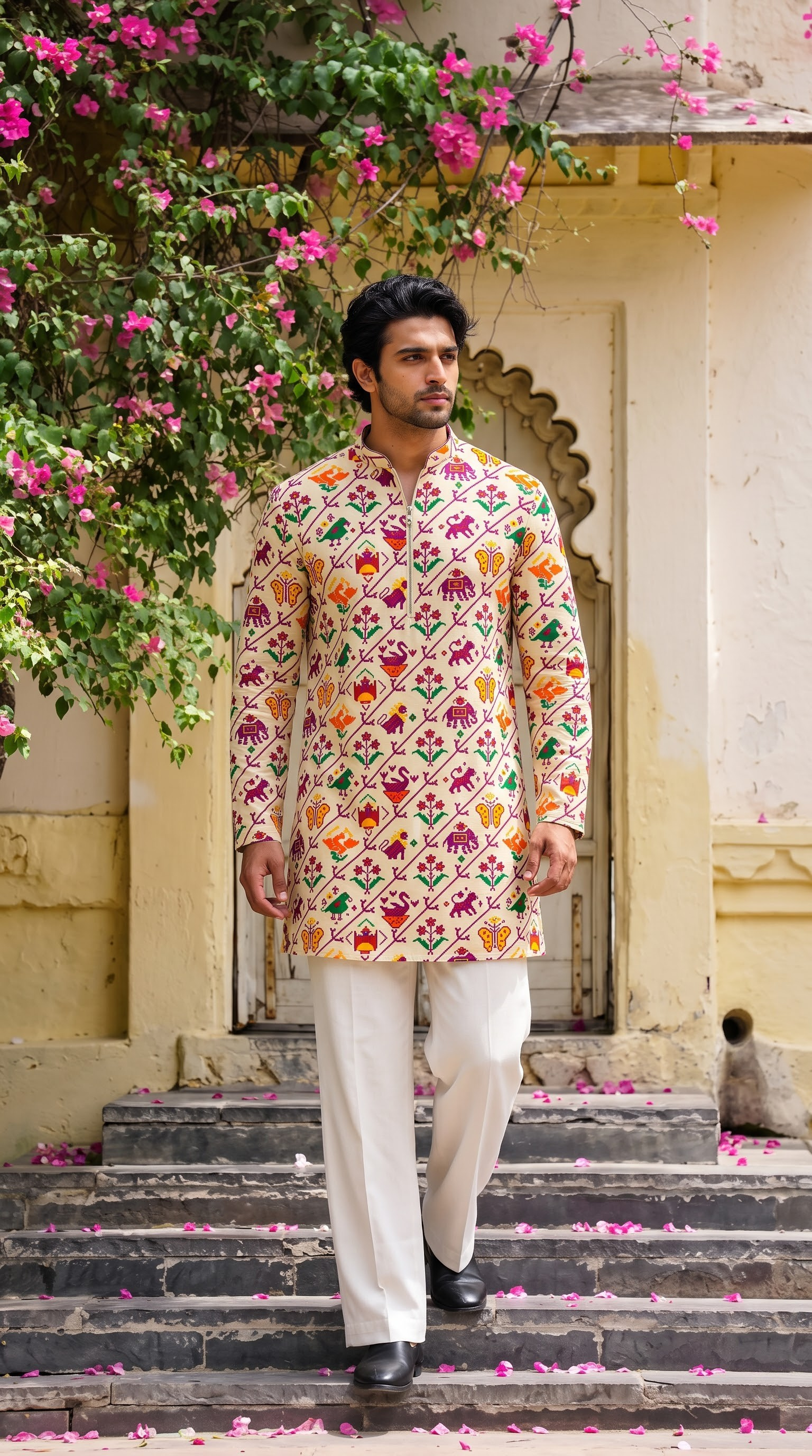 Ivory Multicolour Printed Kurta