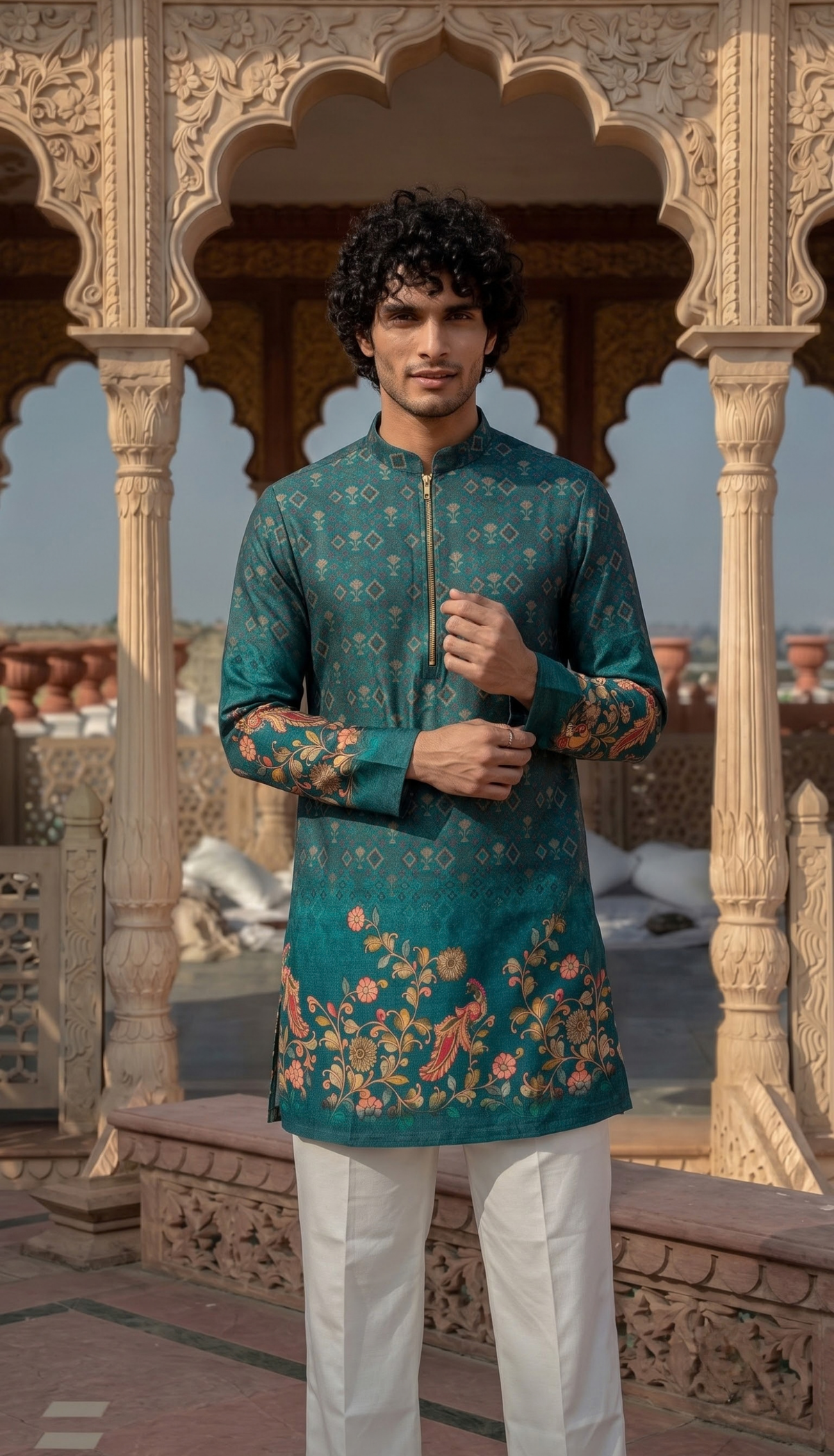 Teal Floral Printed Kurta