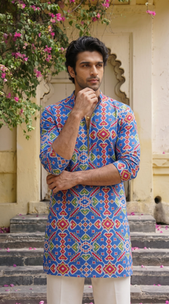 Royal Blue Multicolour Printed Kurta