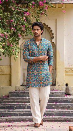 Teal Blue Multicolour Printed Kurta