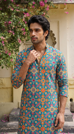 Teal Blue Multicolour Printed Kurta