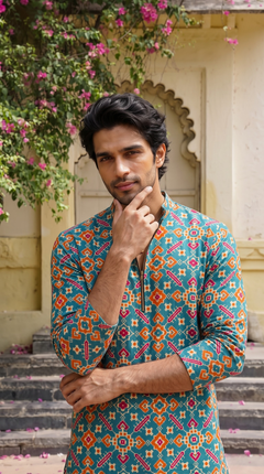 Teal Blue Multicolour Printed Kurta