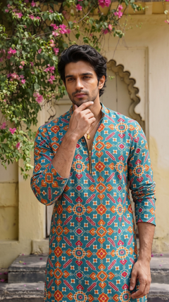 Teal Blue Multicolour Printed Kurta