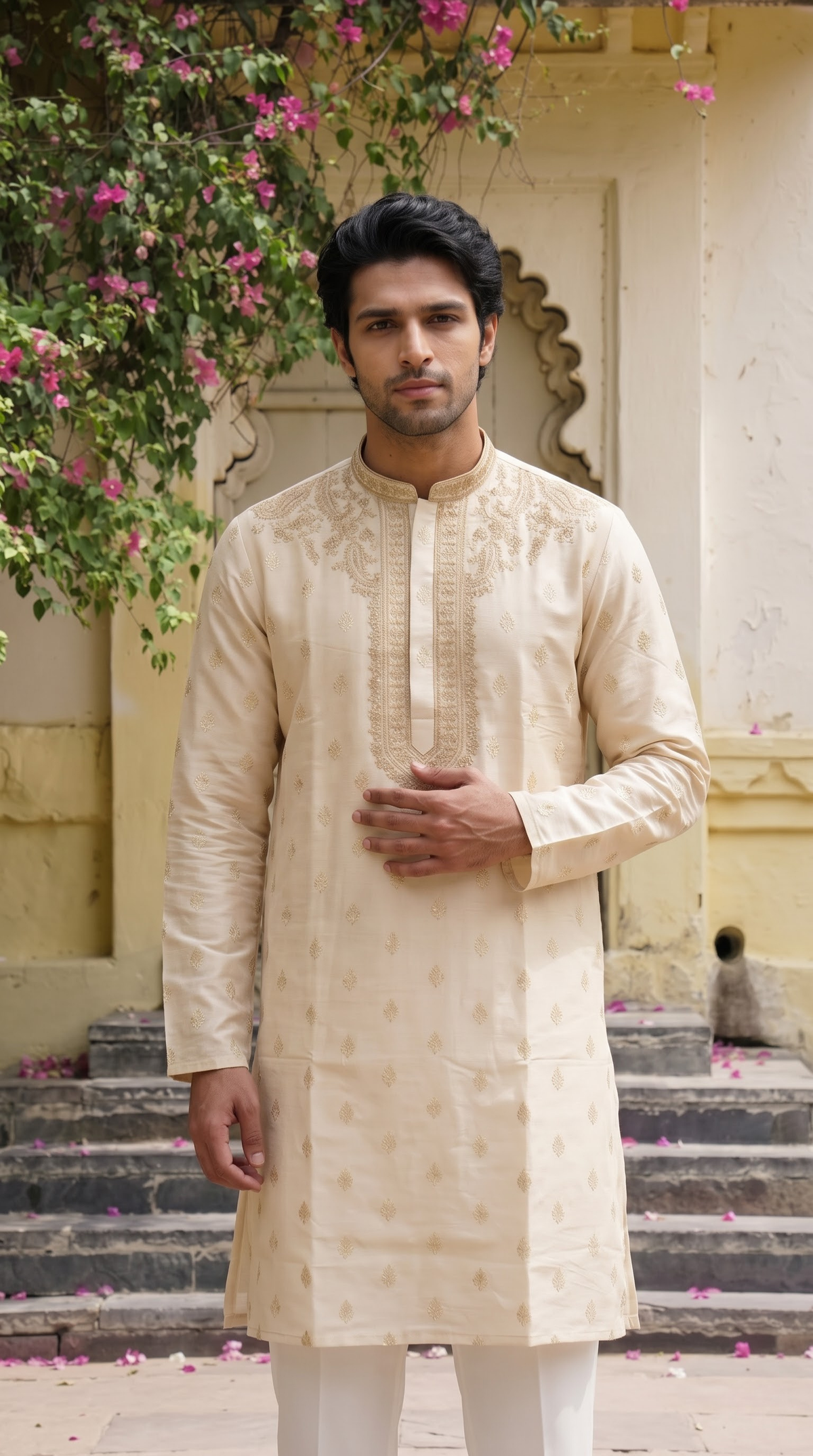 Ivory Gold Embroidered Kurta