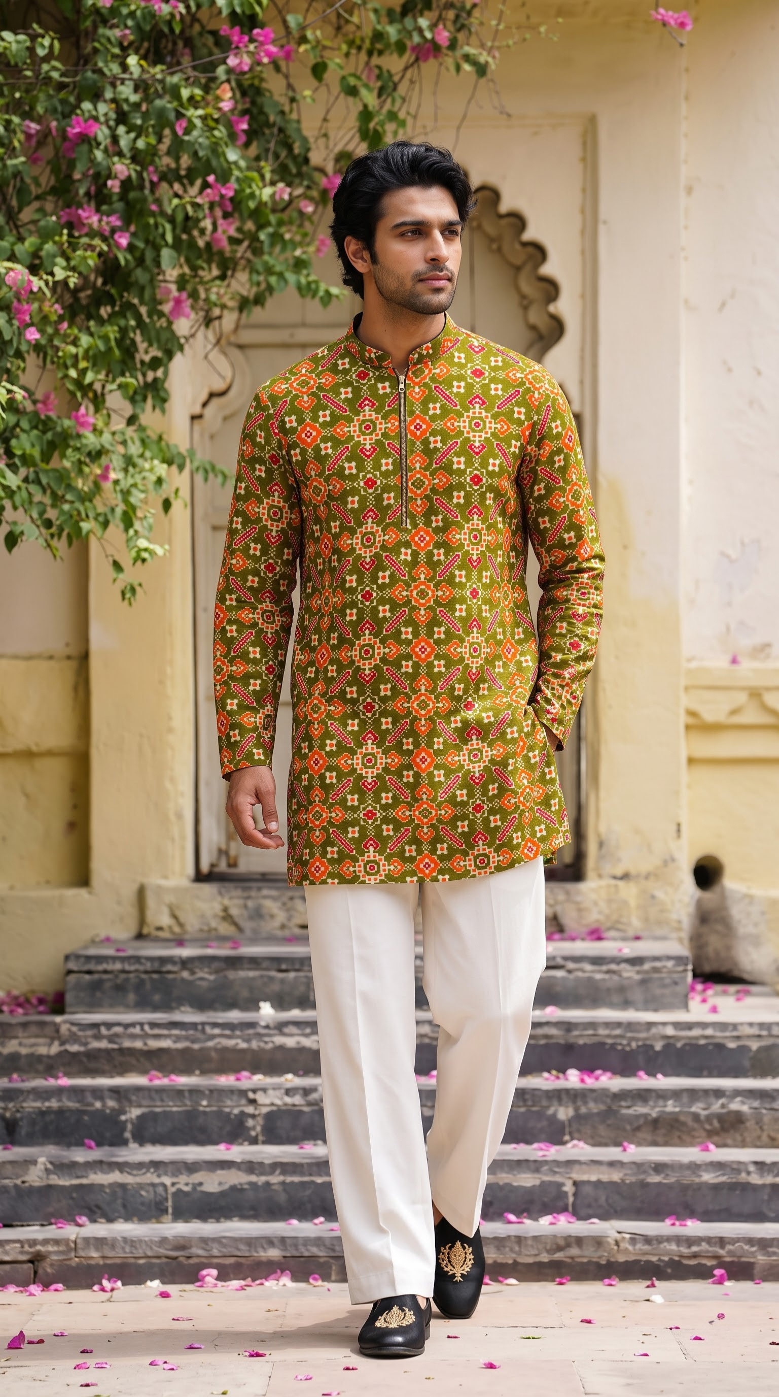 Olive Green Multicolour Printed Kurta