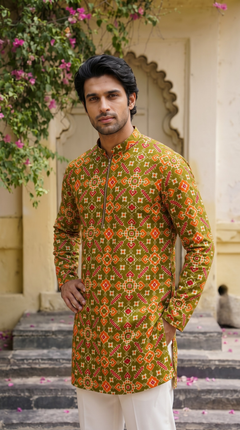 Olive Green Multicolour Printed Kurta