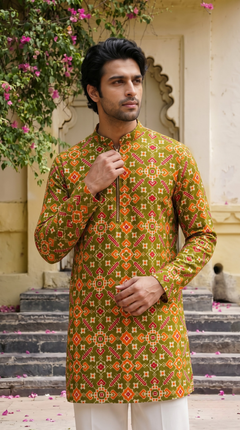 Olive Green Multicolour Printed Kurta