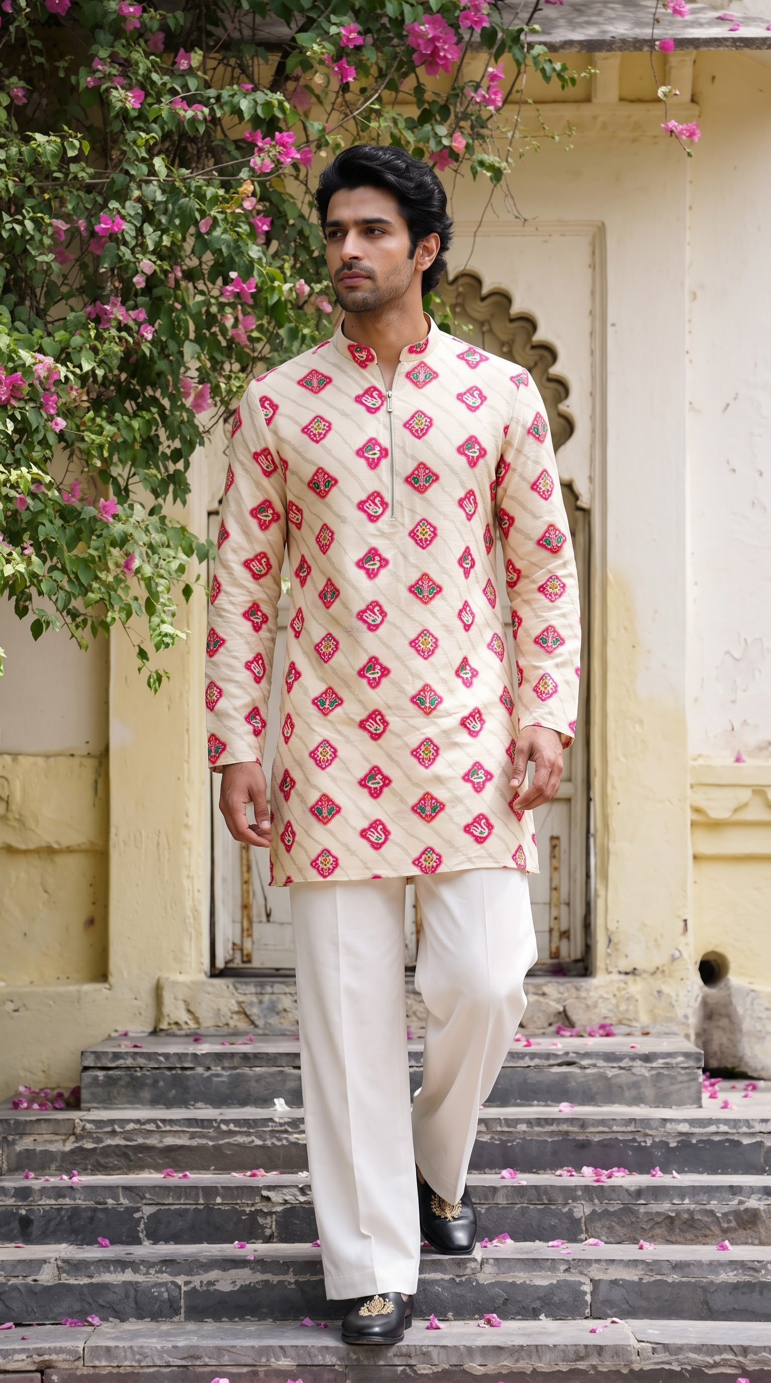 Ivory Pink Printed Kurta