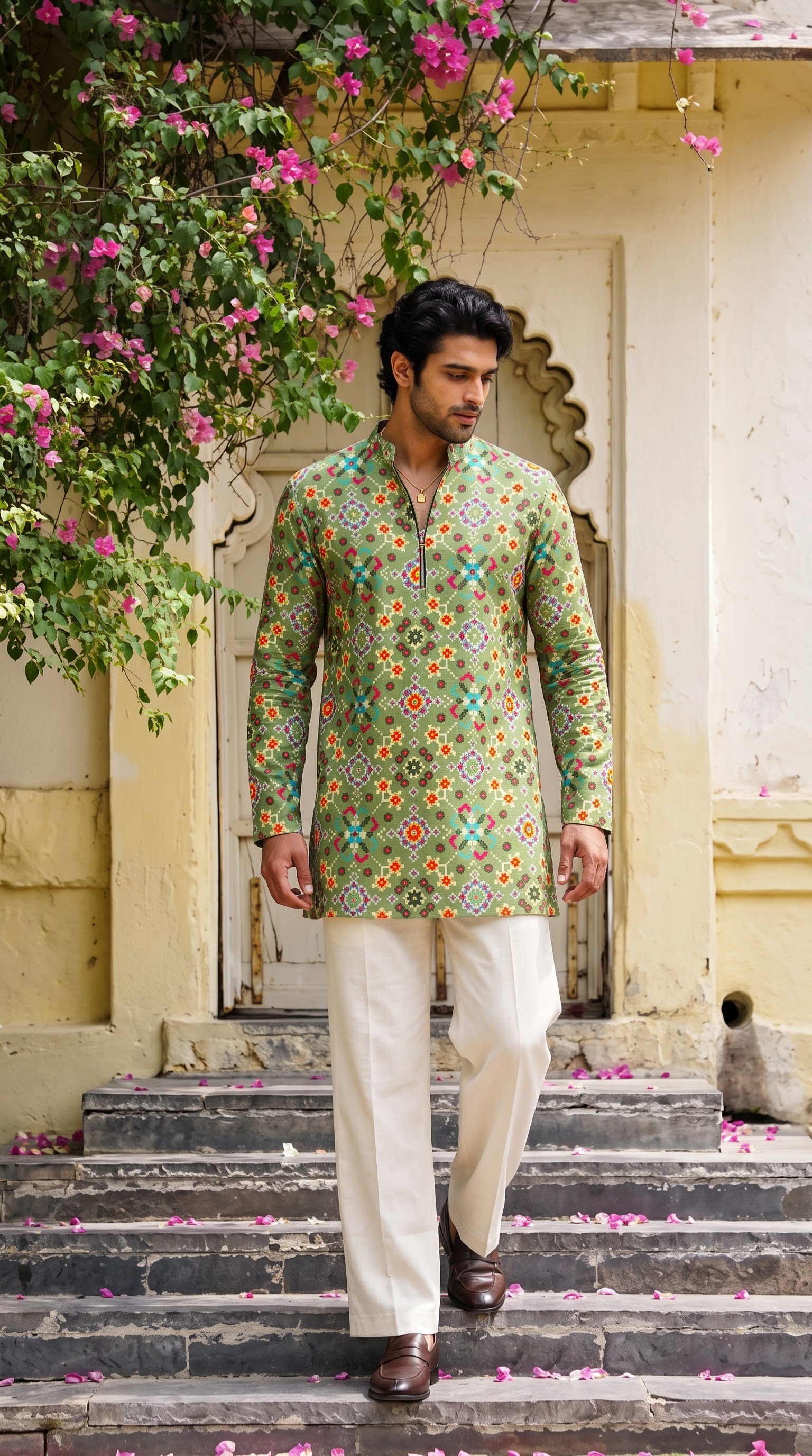 Olive Green Multicolour Printed Kurta