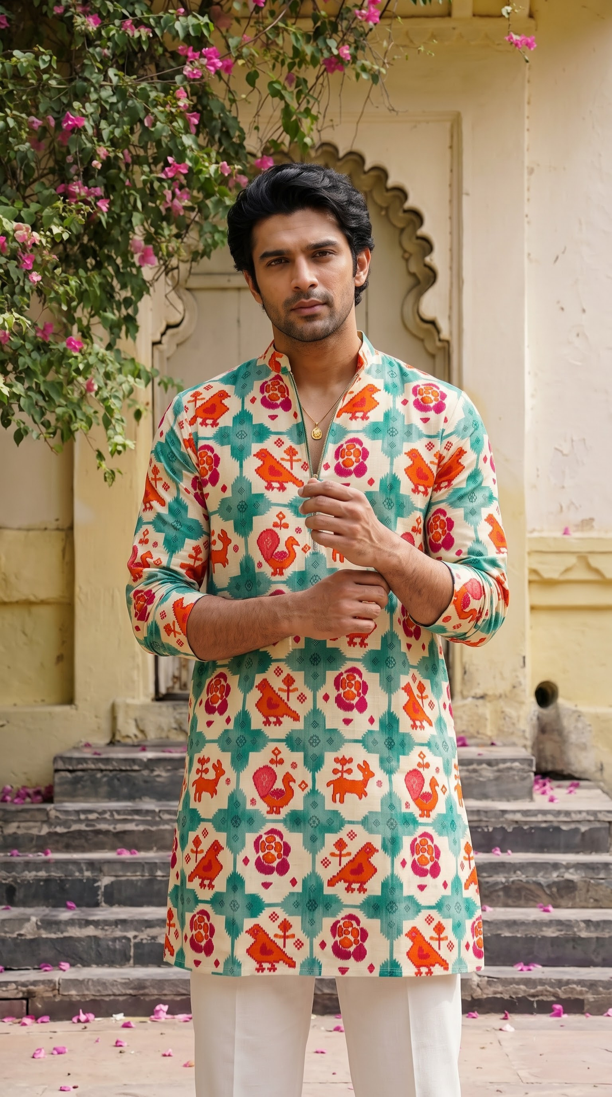 Ivory Multicolour Bird & Floral Printed Kurta