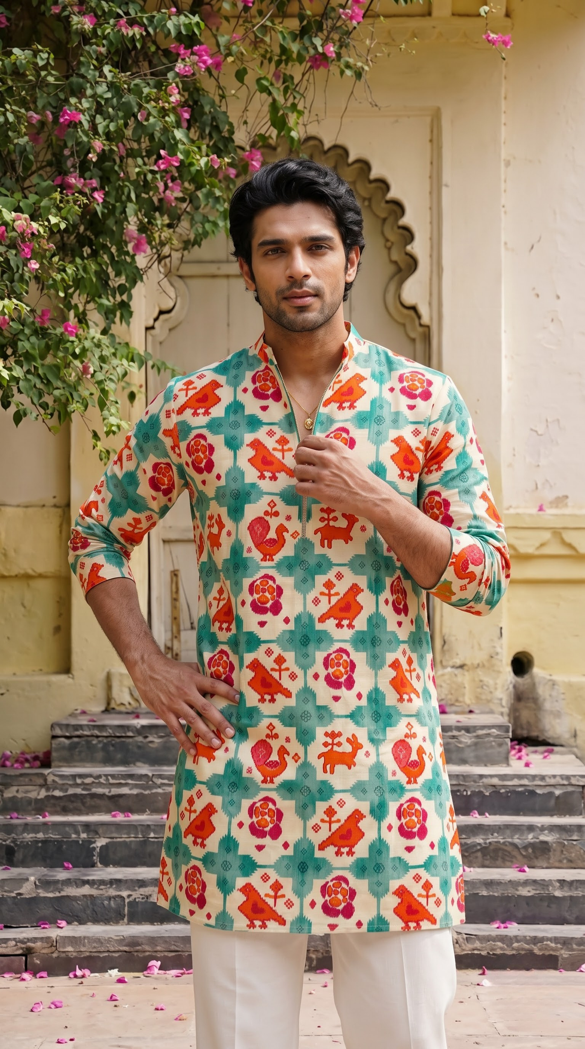 Ivory Multicolour Bird & Floral Printed Kurta
