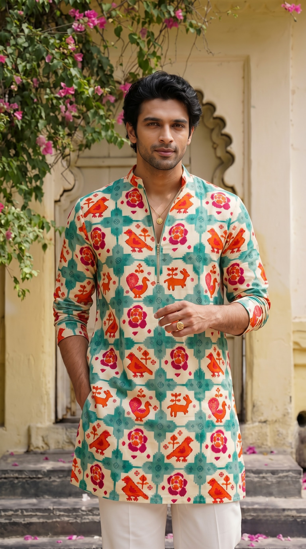 Ivory Multicolour Bird & Floral Printed Kurta