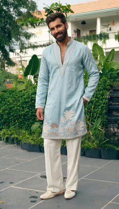 Ice Blue Floral Border Kurta