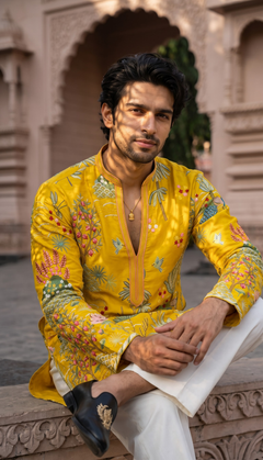 Mustard Multicolour Floral Embroidered Kurta
