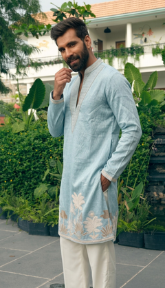 Ice Blue Floral Border Kurta