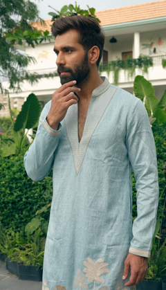 Ice Blue Floral Border Kurta